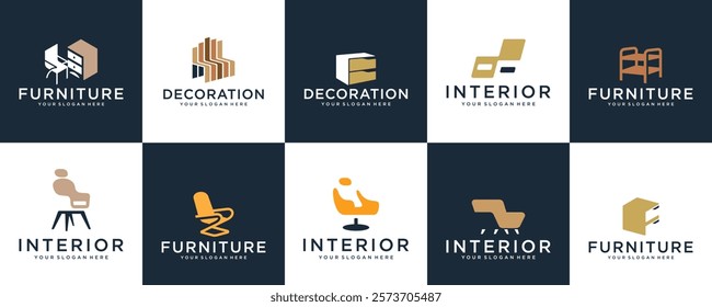 collection of home furnishing logo, chair, cupboard, interior, decoration, design template illustration.