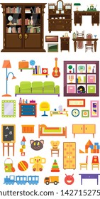 Collection of Home Furniture, Interior of Cabinet, Living Room, Bedroom, Childrens Room Vector Illustration