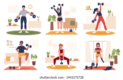 Collection Of Home Gym Workout During The Covid Lockdown. Flat Style Illustration Of Diverse People Doing Exercise Indoors With Dumbbells Weights.