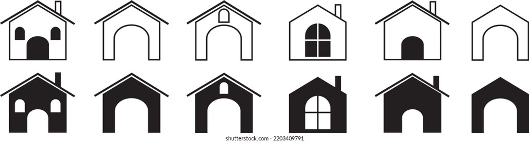Collection home icons. House symbol. Set of real estate objects and houses black icons isolated on white background. Vector