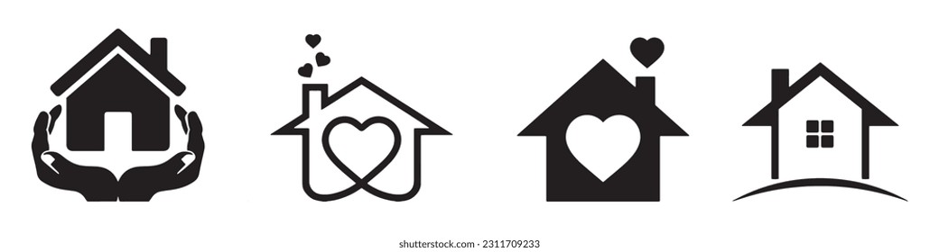 Collection home icons. House symbol. Set of real estate objects and houses black icons isolated on white background. Vector illustration.EPS 10