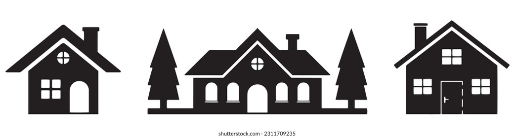 Collection home icons. House symbol. Set of real estate objects and houses black icons isolated on white background. Vector illustration.EPS 10