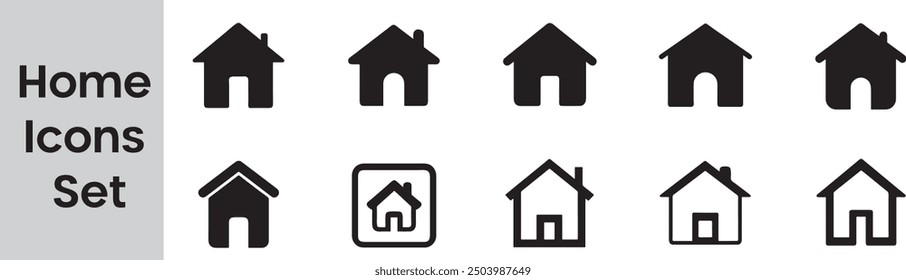 Collection home icons. House symbol. Set of real estate objects and houses black icons isolated  House Icons Set: Black Real Estate Symbols on White Background