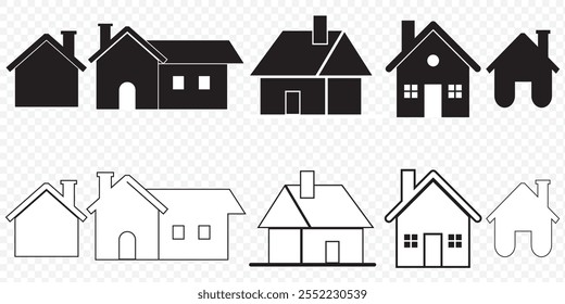 Collection home icons. House symbol. Set of real estate objects and houses black icons isolated on white background. Vector illustration. eps 10.