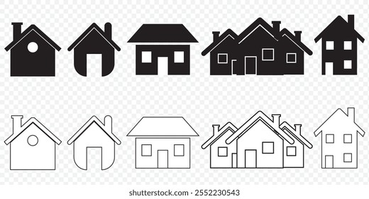 Collection home icons. House symbol. Set of real estate objects and houses black icons isolated on white background. Vector illustration. eps 10.