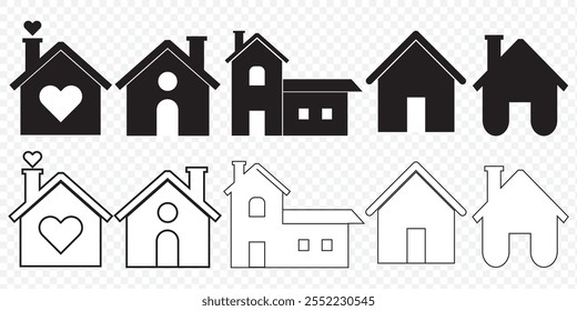 Collection home icons. House symbol. Set of real estate objects and houses black icons isolated on white background. Vector illustration. eps 10.