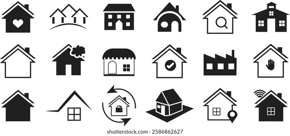 Collection home icons. House symbol. Set of real estate objects and houses black icons isolated on white background. Vector illustration.