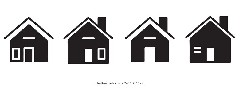 Collection home icons. House symbol. Set of real estate objects and houses black icons isolated on white background. Vector illustration.