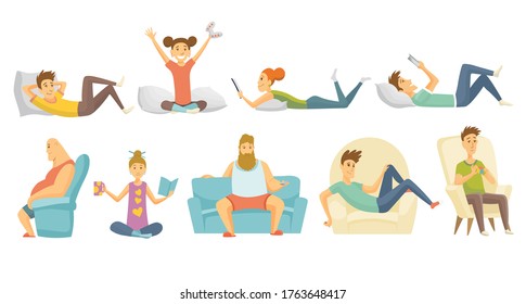 Collection of home leisure. Boys and girls rested