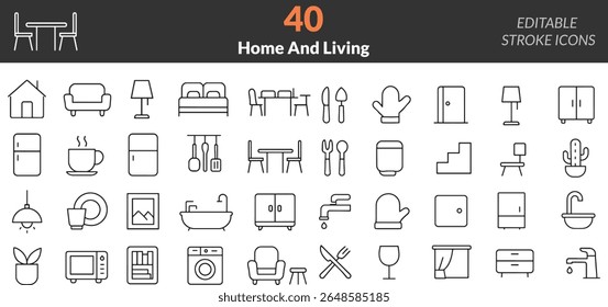 Collection of Home and Living Icons Editable Stroke Style Interior Design Elements and Furniture Appliance Home Decoration and Household Items