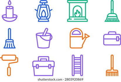 A collection of home maintenance and household chore linear icons. The set features colorful outlines of a broom, paint roller, watering can, toolbox, ladder, and.