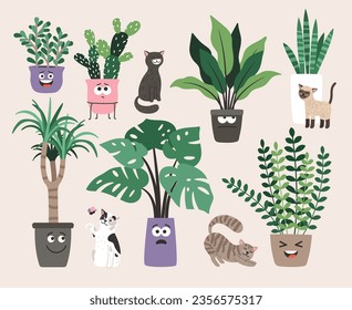 Collection of Home plants in flower pots with eyes. Houseplants in trendy hygge style cats. Urban jungle decor set . Evergreen plants in planters. Illustration of plant flower, houseplant gardening