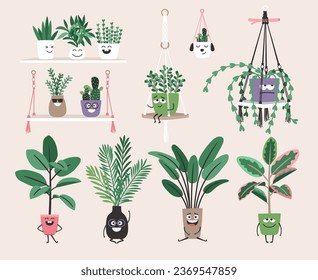 Collection of Home plants in flower pots with eyes. Houseplants in trendy hygge style. Urban jungle decor set . Evergreen plants in planters. Illustration of flower home, garden flowerpot decoration