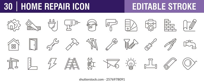 Collection of home repair icons. Renovation, painter, plumbing. Vector design template, signs, symbols, editable stroke.