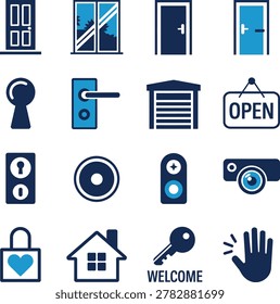 Collection of home security and access control icons featuring doors locks windows and smart devices