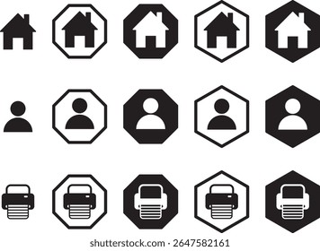 Collection of Home, User, and Printer Icons in Various Shapes and Styles Black and White Vector Graphics