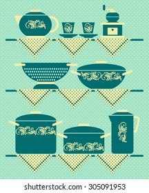 Collection of home ware, placed on the shelves. The order in the kitchen. Vector illustration in retro style