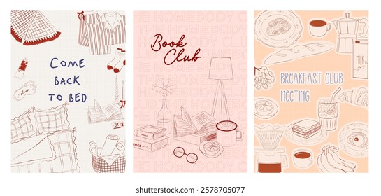 Collection of Homebody posters. Cozy aesthetic wall art. Home interior poster. Home decor print. Editable vector illustration