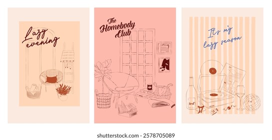 Collection of Homebody posters. Cozy aesthetic wall art. Home interior poster. Home decor print. Editable vector illustration