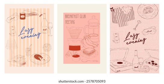 Collection of Homebody posters. Cozy aesthetic wall art. Home interior poster. Home decor print. Editable vector illustration