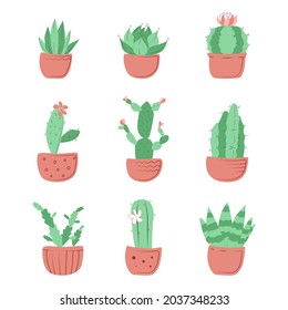 Collection of homemade cactus flowers in pink pots in doodle style on a white background