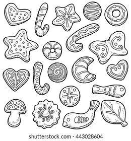 Collection of homemade cookies, vector black and white set of Christmas baking.