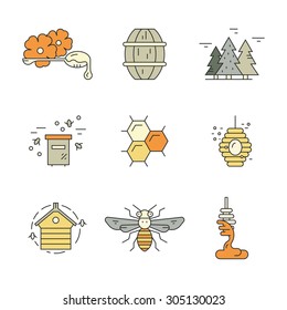 Collection of honey related design elements: bee, hive, honeycomb, dipper with honey. Vector line series.