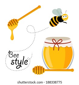 Collection of honey related graphics consisting of bee, honey spoon and honey in glass