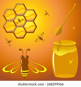 collection of honey related graphics, consisting of three bees, jars of honey and a spoon of honey