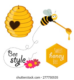 Collection of honey related graphics consisting of a bee, honey spoon, beehive with heart-shaped entrance and honeycomb hexagon with slogan in flat design