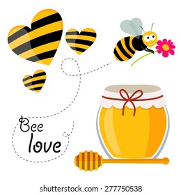 Collection of honey related graphics consisting of a bee, honey spoon, jar of honey and bee stylized hearts in flat design