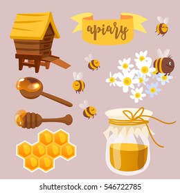 Collection of honey related graphics consisting of bee, honey spoon and honey in glass.