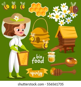 Collection of honey related graphics consisting of bee, honey spoon and honey in glass.