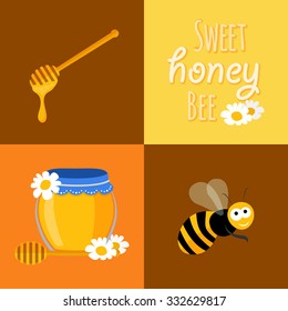 Collection of honey related icons consisting of bee, honey spoon and honey in glass in vector