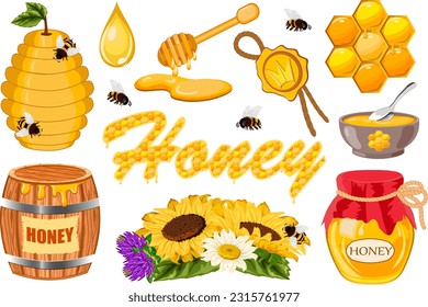 Colección con panes de miel y abejas.Vector con panes de miel, abejas, flores, tarro y barril de miel en un fondo transparente con texto.