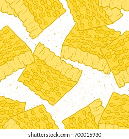 Collection of honeycombs, hand drawn seamless pattern. Colorful overlapping backdrop with honey. Decorative illustration, good for printing for beekeeping company