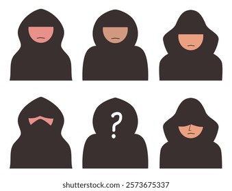 A collection of hooded figures showcasing various facial expressions, ideal for illustrating anonymity and mystery in design projects.