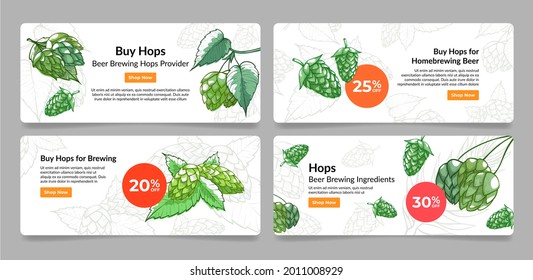 Collection of hops banner engraved vector flat illustration. Set of advertising landing page hop plant, branch with leaves online shopping user interface isolated on white. Beer ingredients