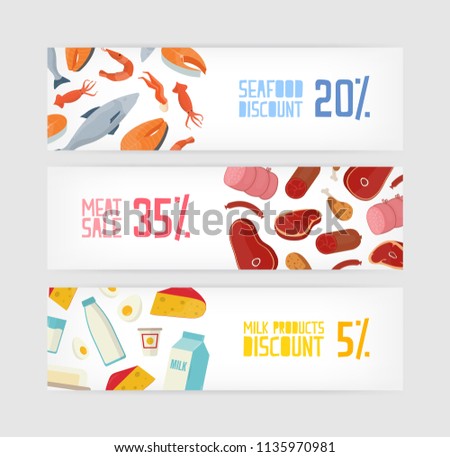 Collection of horizontal banner templates with fish, seafood, meat, milk or dairy products discount on white background. Flat vector illustration for grocery shop sale promotion, advertisement