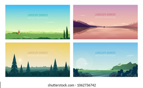 Collection of horizontal banner templates with spectacular natural landscapes or sceneries. Bundle of beautiful backgrounds with forest trees, mountains, sea, sky. Modern vector illustration.