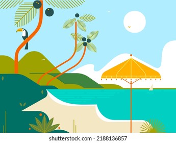 Collection of horizontal banner templates with spectacular natural landscapes or sceneries. Bundle of beautiful backgrounds with forest trees, mountains, sea, sky. Modern vector illustration.
