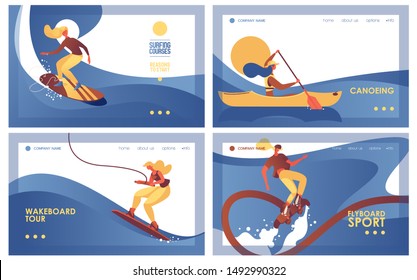 Collection horizontal banners about water extreme sport like surfing, canoeing, wakeboarding and flyboarding. Landing page templates good for header and web pages for sea activity and leisure