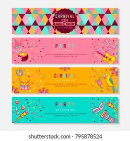 Collection of Horizontal Banners with Carnival Symbols. Vector Illustration. Set of Masquerade Party Backgrounds. 