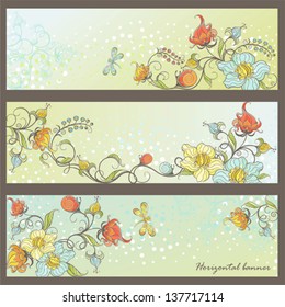 Collection of horizontal banners with flowers, dragonflies and snails.