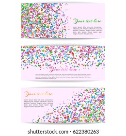 A collection of horizontal banners with multicolored confetti on a colored background