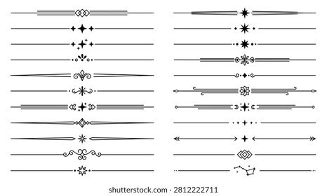Collection of horizontal black line dividers featuring sophisticated border accents and central decorative motifs, vintage style rule lines for book design and wedding invitations, simple graphic separators with diamond star and floral elements for web and print typography.