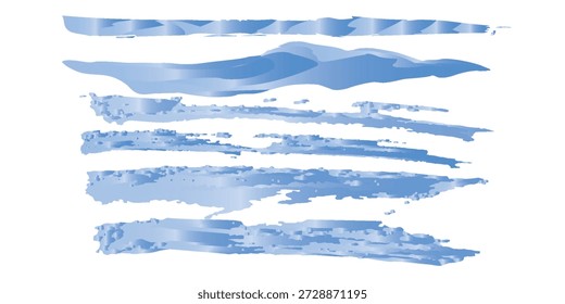 Uma coleção de traçados de pincel azul horizontal com texturas e espessuras variadas, definida em um plano de fundo branco limpo.