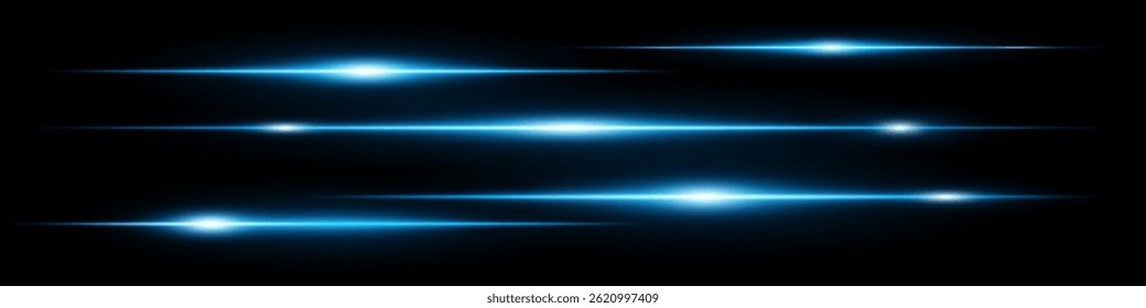 Collection of horizontal blue neon lens flares isolated on black transparent background. Futuristic abstract light beams, perfect for digital effects, UI, banners. EPS vector illustration.