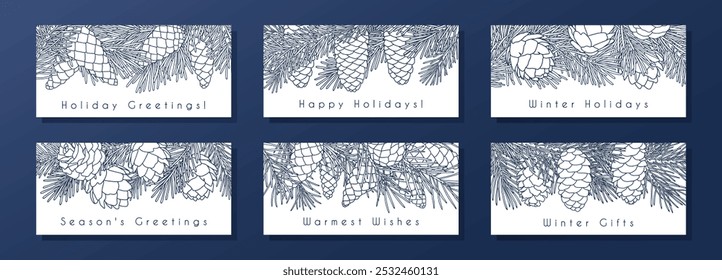 Collection of horizontal compositions with coniferous branches and cones. Templates for seasonal greeting card, banner, invitation, poster, flier. Linear graphic style. Vector illustration.