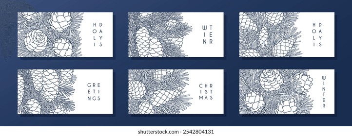 Collection of horizontal compositions with coniferous branches and cones. Templates for seasonal greeting card, banner, invitation, poster, flier. Linear graphic style. Vector illustration.
